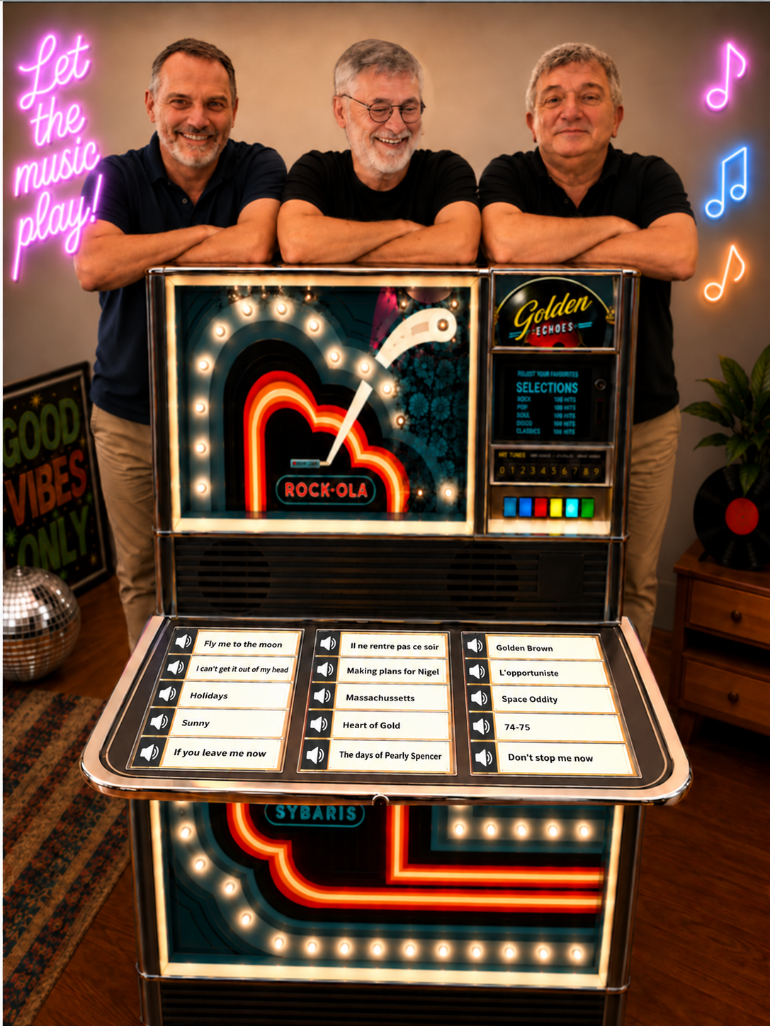 Jukebox Golden Echoes avec les trois musiciens et les titres du répertoire